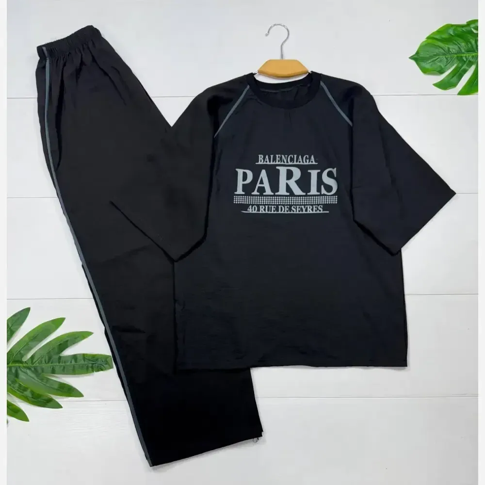 ست تابستانه زنانه مدل paris جنس شانتون کبریتی رنگ مشکی سایز فری مناسب 38 تا 46