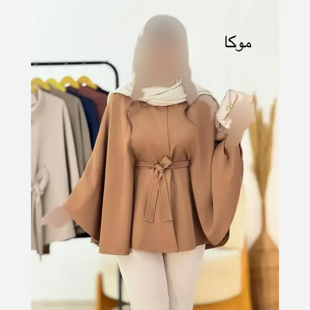 مدل زیبا مازراتی زنانه فری سایز کرم موکا قد 68 سانت یقه دکمه دار کمربند چرم