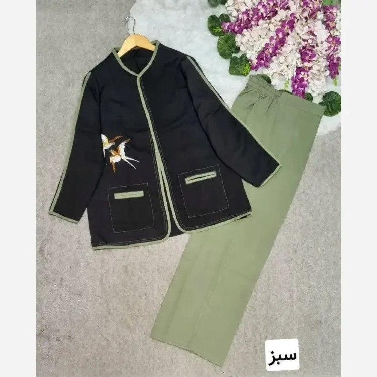 کت شلوار پرستو مازراتی درجه یک گلدوزی شده زنانه فری سایز در رنگ بندی ابی سبز کله غازی