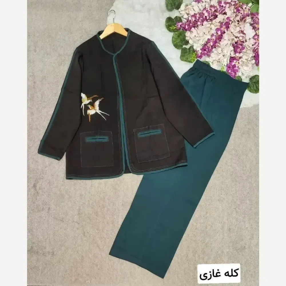 کت شلوار پرستو مازراتی درجه یک گلدوزی شده زنانه فری سایز در رنگ بندی ابی سبز کله غازی