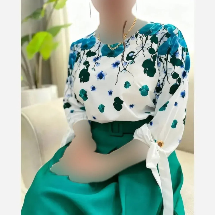 ست شومیز و شلوار مدل شکوفه جنس بوگاتی سایز فری 36 تا 46