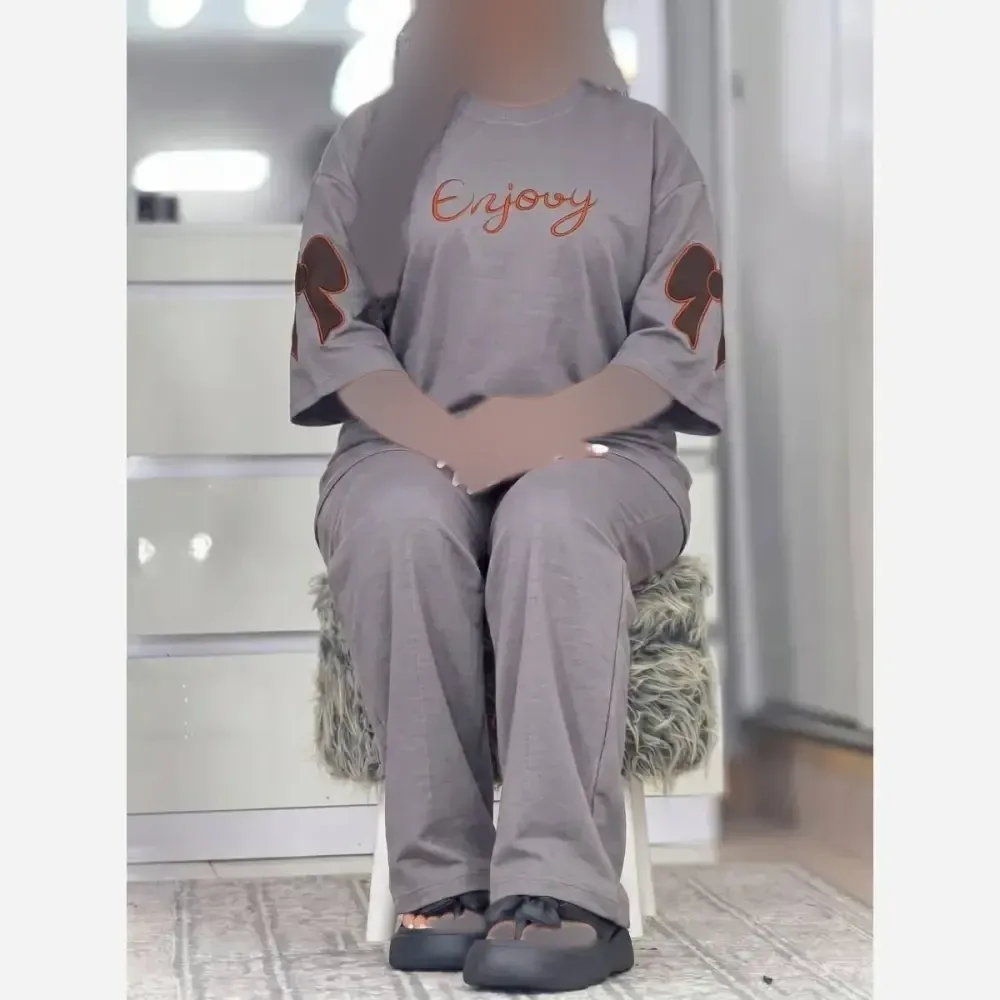 ست فرنیا پنبه گلکسی تیشرت شلوار زنانه مشکی طوسی فری سایز 38 تا 46