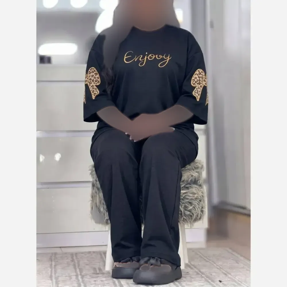 ست فرنیا پنبه گلکسی تیشرت شلوار زنانه مشکی طوسی فری سایز 38 تا 46