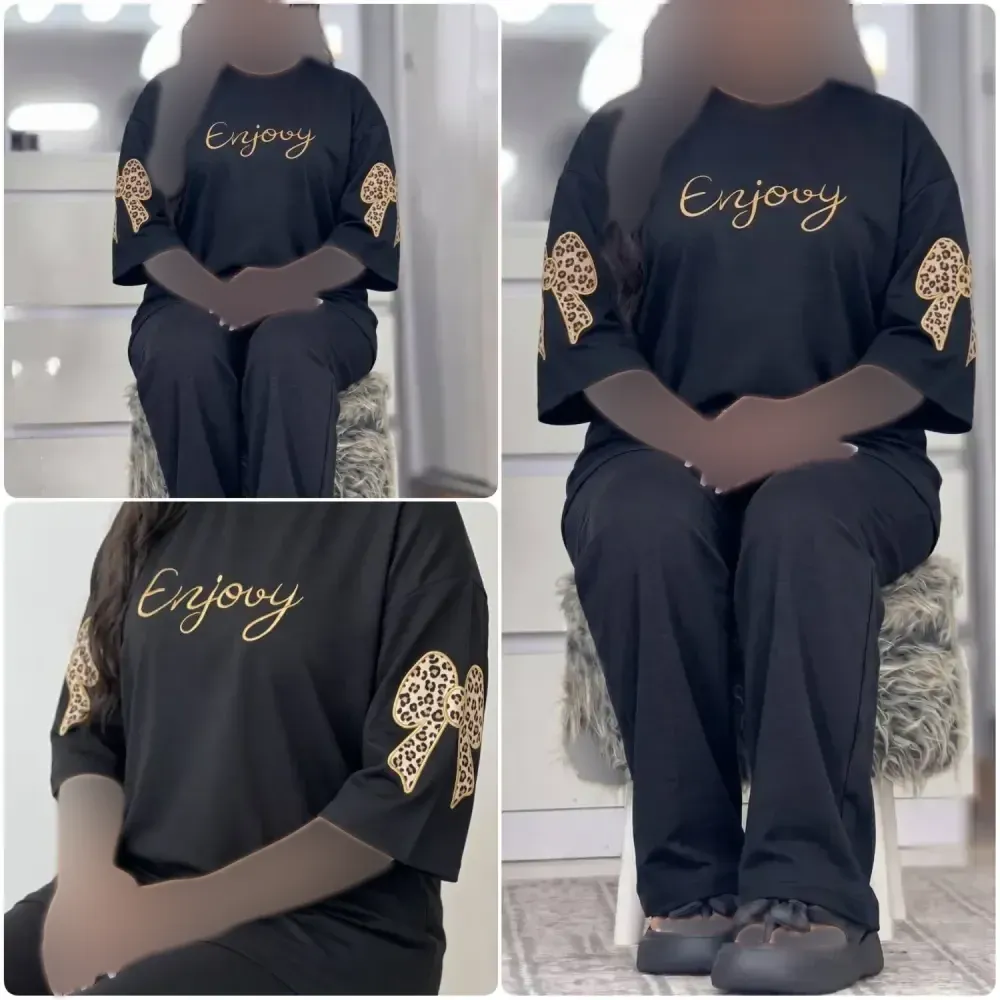 ست فرنیا پنبه گلکسی تیشرت شلوار زنانه مشکی طوسی فری سایز 38 تا 46