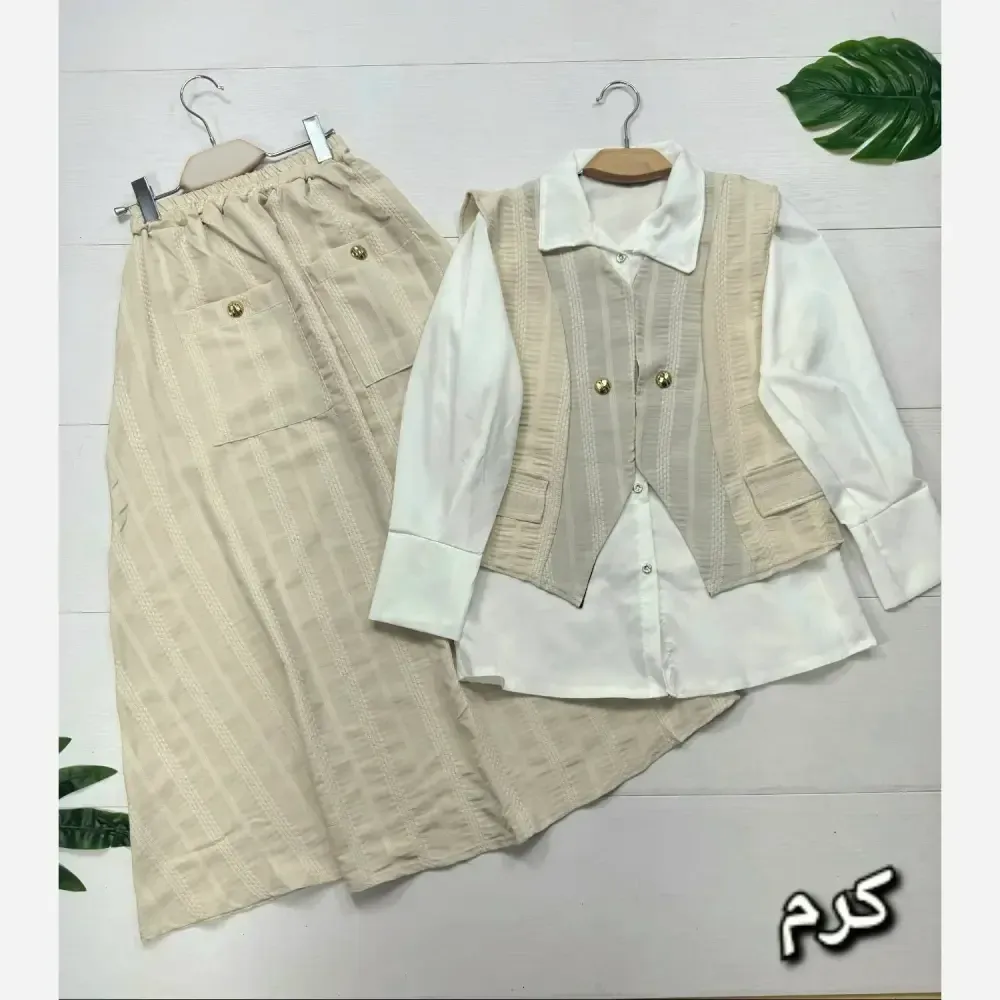 ست سه تیکه شانتون و شومیز داکرون ژینا سایز 38 تا 46