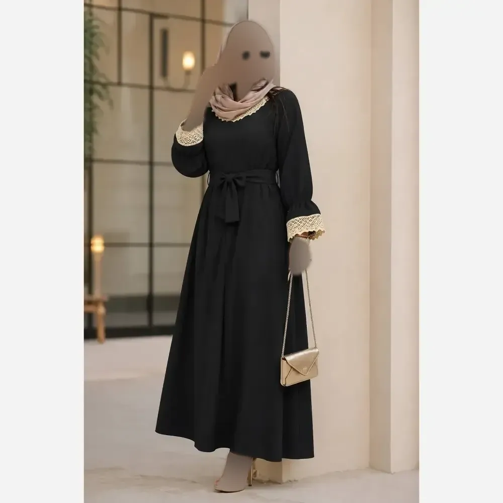 عبا آیسان الیزه جت بلک A++ فری سایز 36 تا 46 گیپور کرم و مشکی قد 135