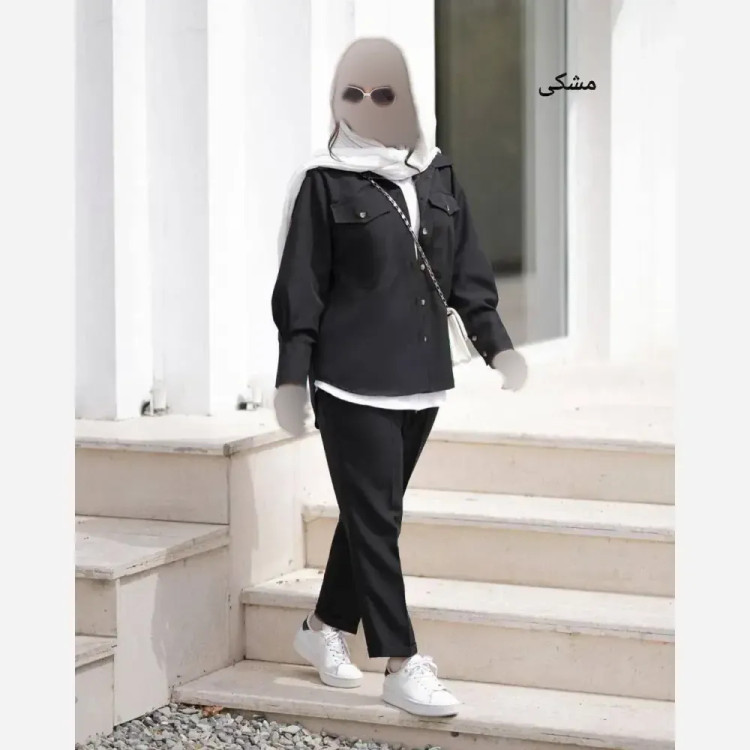 ست سه تیکه زنانه مدل مریم جنس پرشین مکانیک و شومیز داکرون رنگ مشکی و طوسی سایز فری 36 تا 46