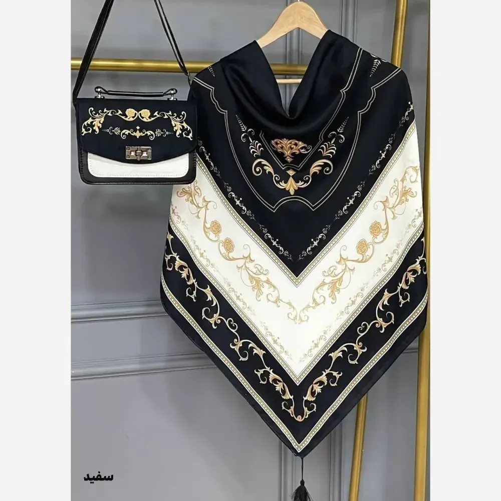 ست کیف و روسری سلینا نخی منگوله دار مخمل و چرم صنعتی سورمه ای سبز سفید بادمجانی