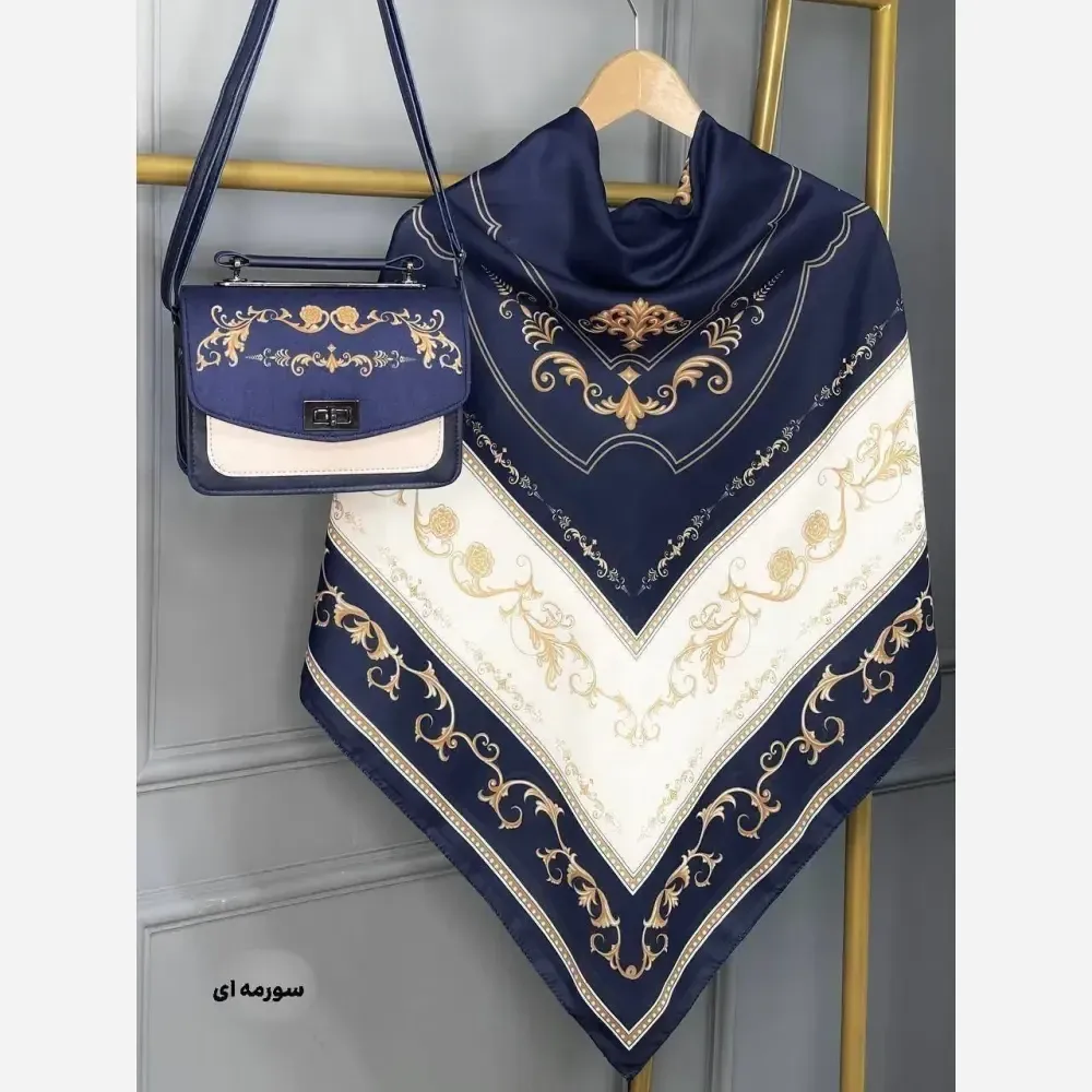 ست کیف و روسری سلینا نخی منگوله دار مخمل و چرم صنعتی سورمه ای سبز سفید بادمجانی