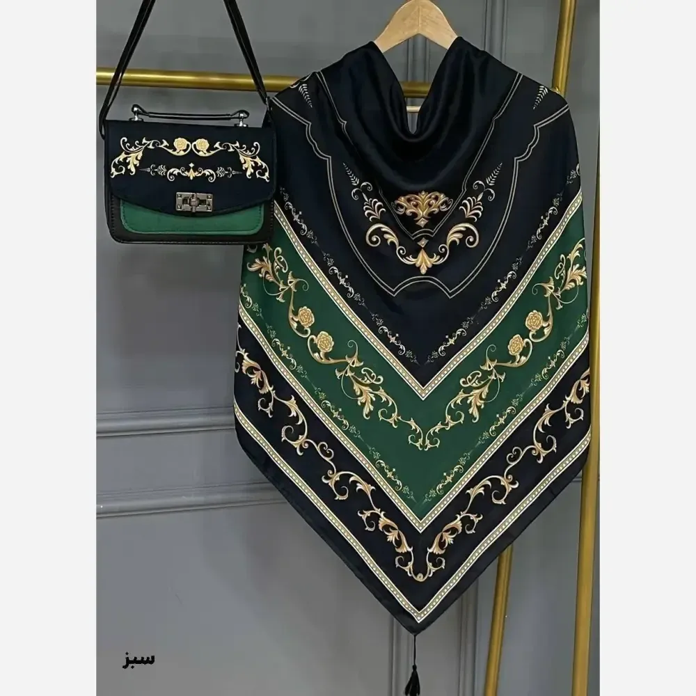 ست کیف و روسری سلینا نخی منگوله دار مخمل و چرم صنعتی سورمه ای سبز سفید بادمجانی
