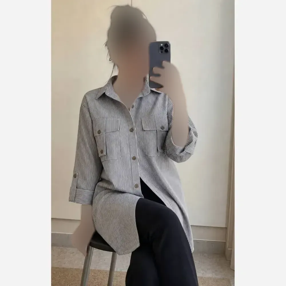 شومیز جیب صلیبی داکرون زنانه طوسی و آبی سایز 36 تا 48