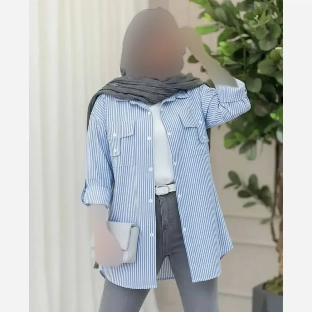 شومیز جیب صلیبی داکرون زنانه طوسی و آبی سایز 36 تا 48