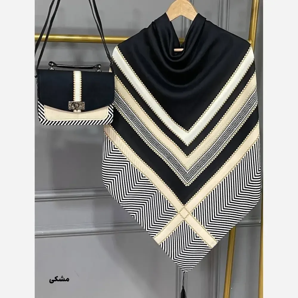 ست کیف و روسری ورساچه تیبا نخی منگوله دار مخمل چرم صنعتی بند دوشی قفل دار زیپ مخفی
