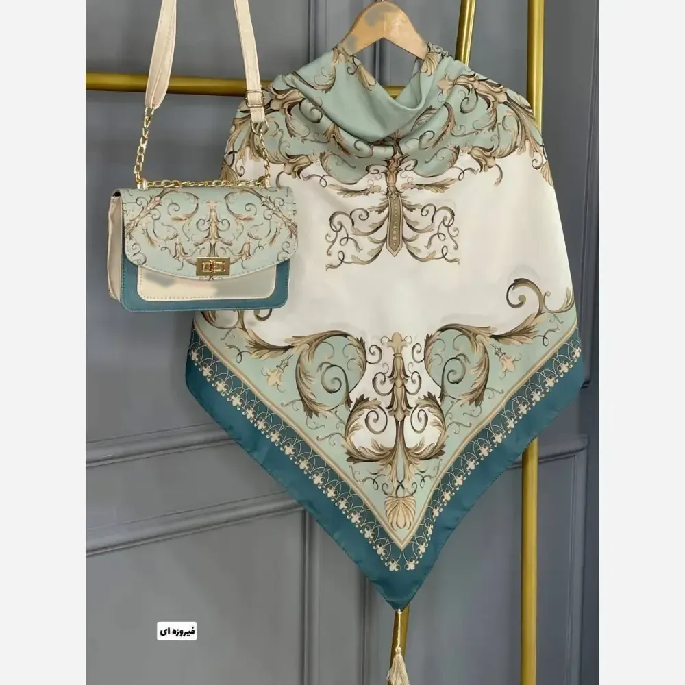 ست کیف و روسری کاترینا مخمل و چرم صنعتی نخی منگوله دار 130 مشکی فیروزه ای سورمه ای