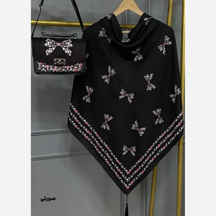 ست کیف و روسری پاپیون رز نخی منگوله دار مخمل چرم صنعتی 130x17x23