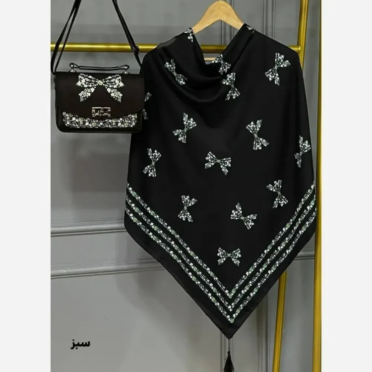 ست کیف و روسری پاپیون رز نخی منگوله دار مخمل چرم صنعتی 130x17x23