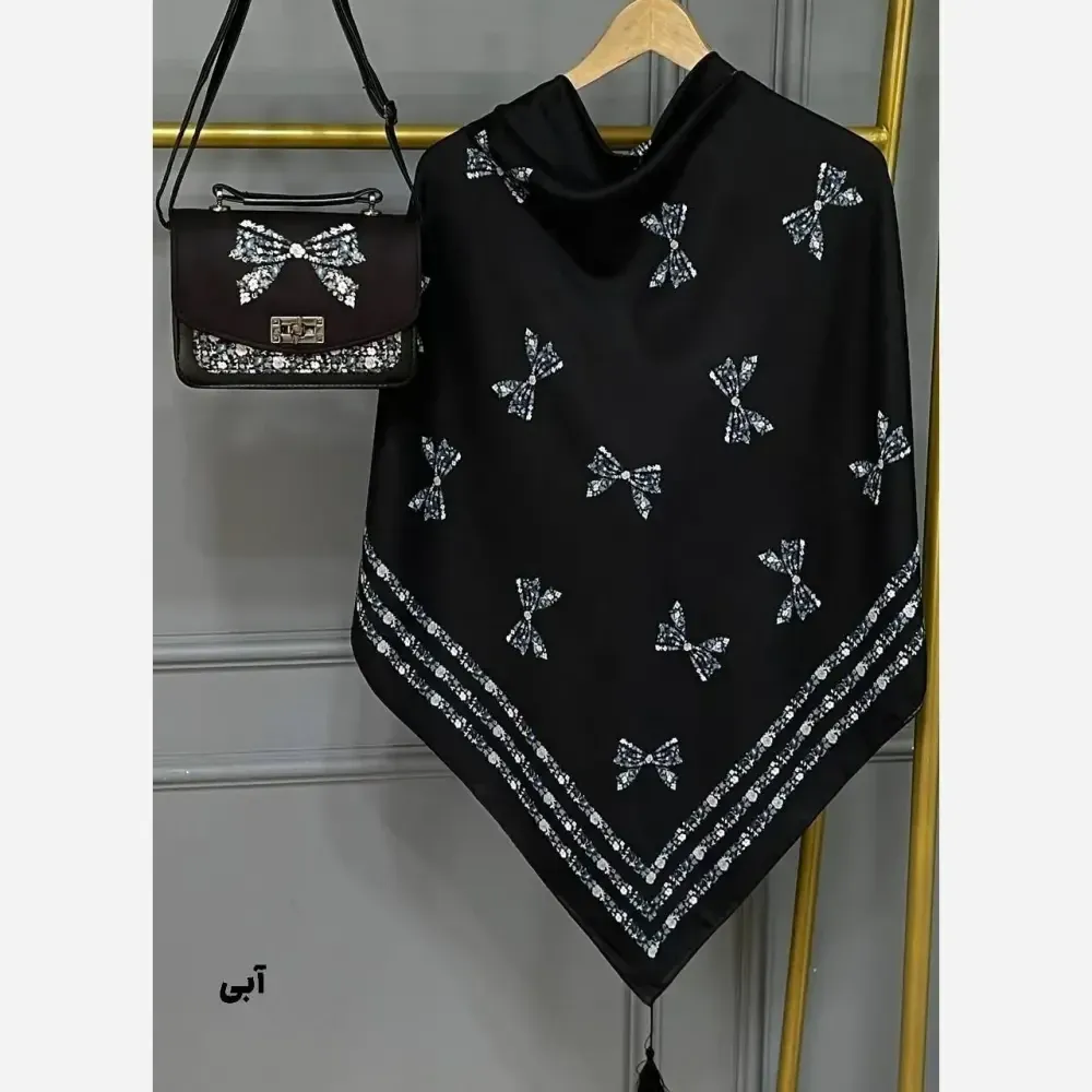 ست کیف و روسری پاپیون رز نخی منگوله دار مخمل چرم صنعتی 130x17x23