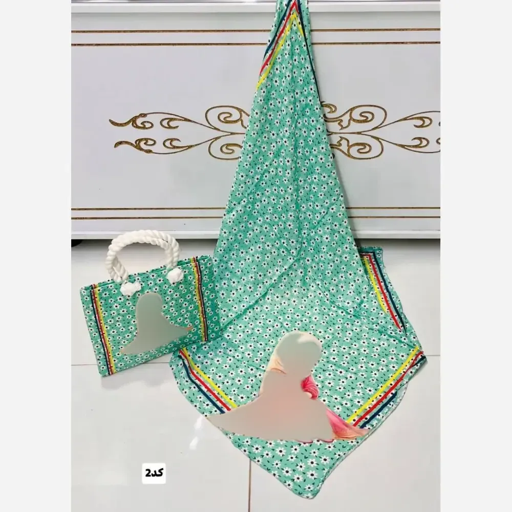 ست کیف و روسری بچگانه نخی مخمل ضخیم دسته کنفی قابل شستشو