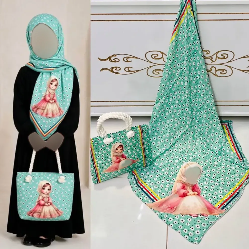 ست کیف و روسری بچگانه نخی مخمل ضخیم دسته کنفی قابل شستشو