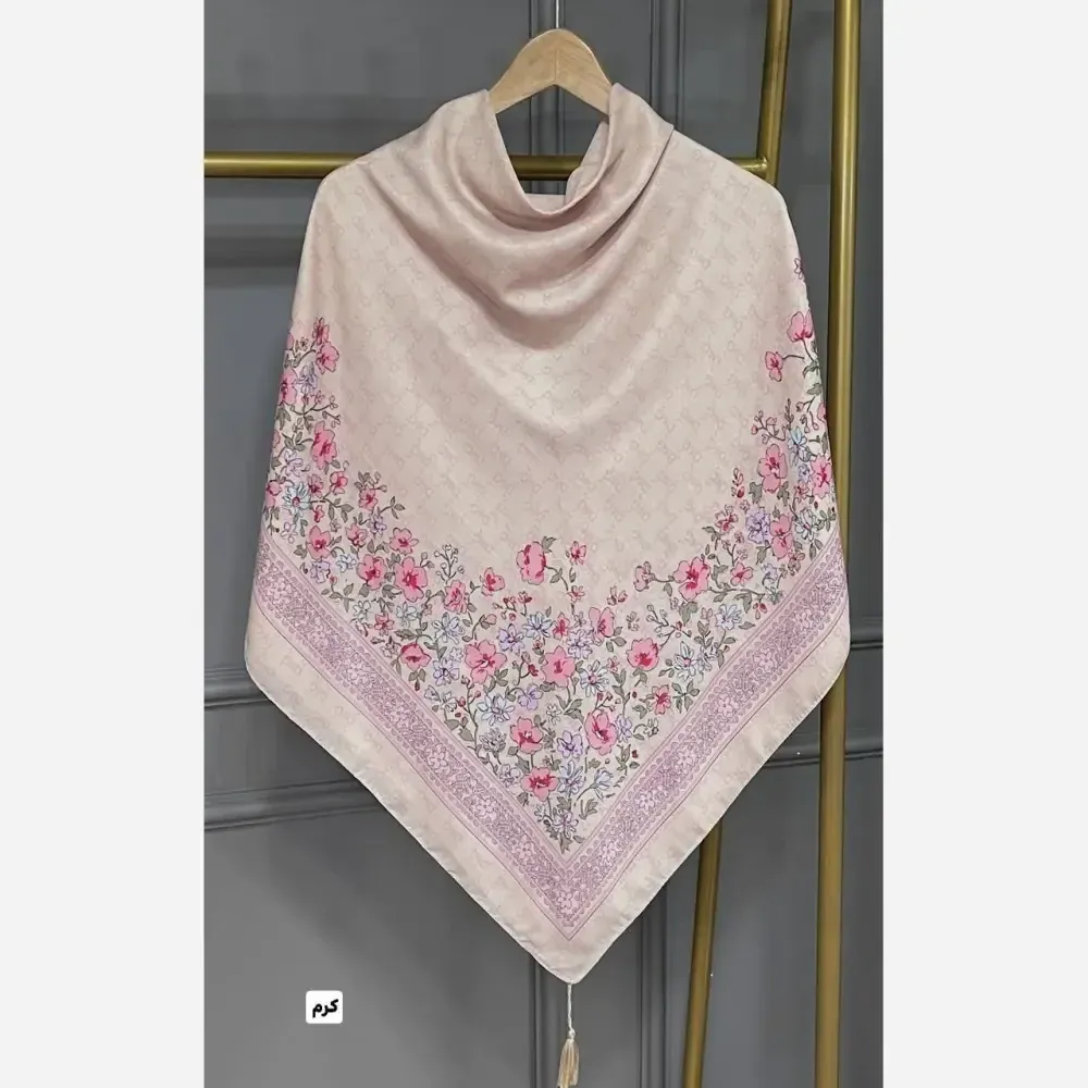 روسری نخی گل دی سبز کرم قواره 130 سرنمیخورد