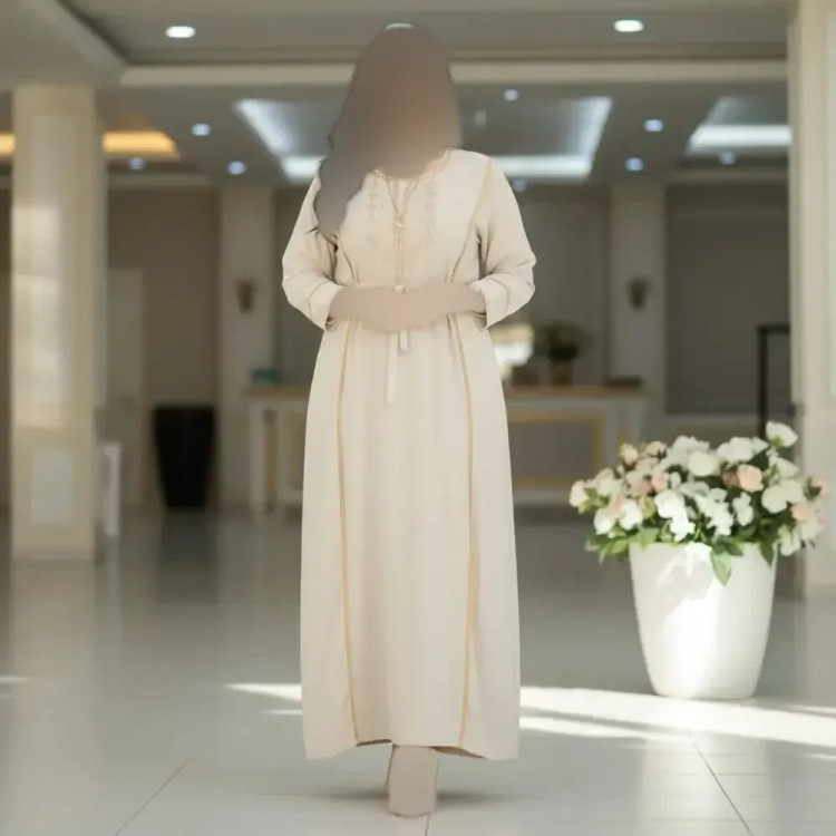 پیراهن نخی وارداتی گلدوزی شده زنانه استخوانی فری سایز شیک راحت سبک بدون آبرفت و رنگدهی