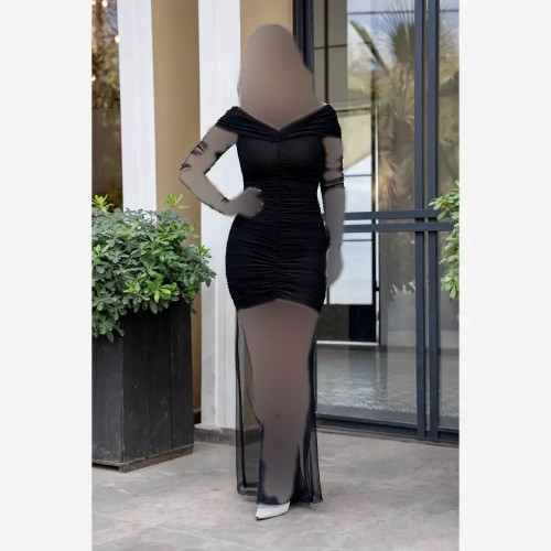 پیراهن مجلسی زنانه جنس فلامنت و تور رنگ مشکی قد 150
