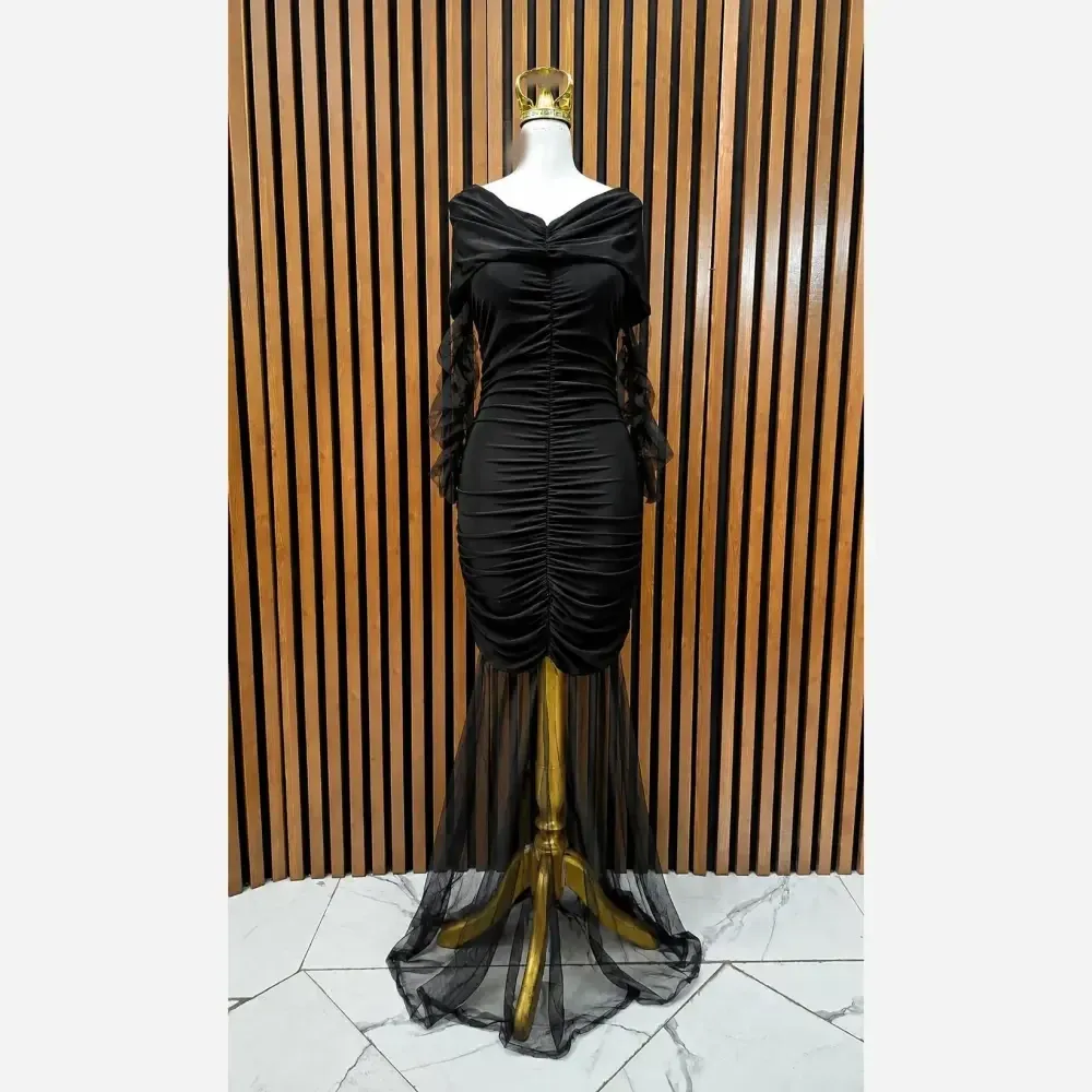 پیراهن مجلسی زنانه جنس فلامنت و تور رنگ مشکی قد 150
