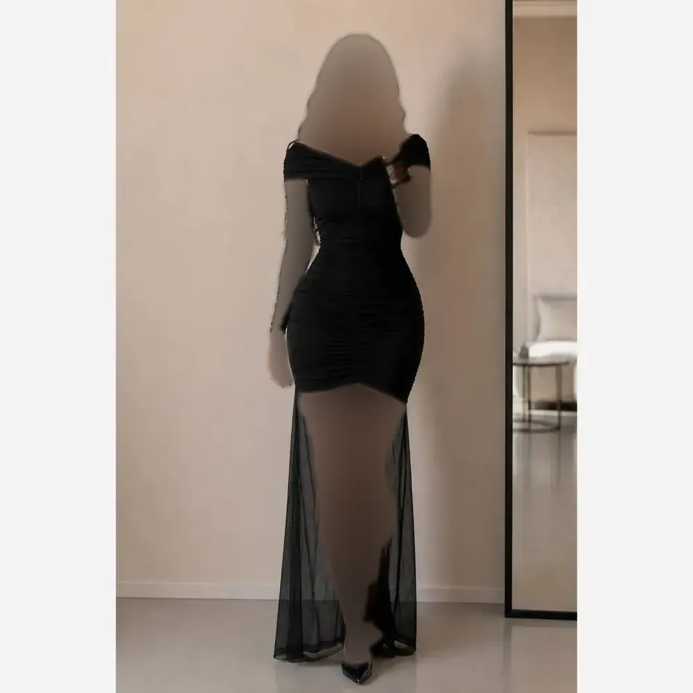پیراهن مجلسی زنانه جنس فلامنت و تور رنگ مشکی قد 150