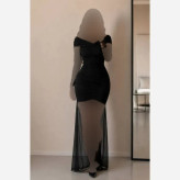 پیراهن مجلسی زنانه جنس فلامنت و تور رنگ مشکی قد 150
