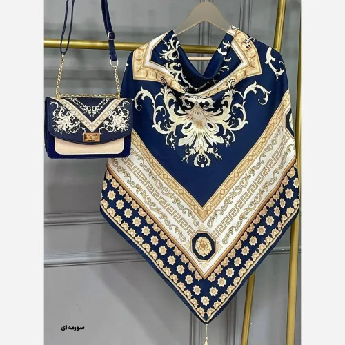 ست کیف و روسری مخمل و چرم صنعتی سورنا رنگ مشکی و سورمه ای