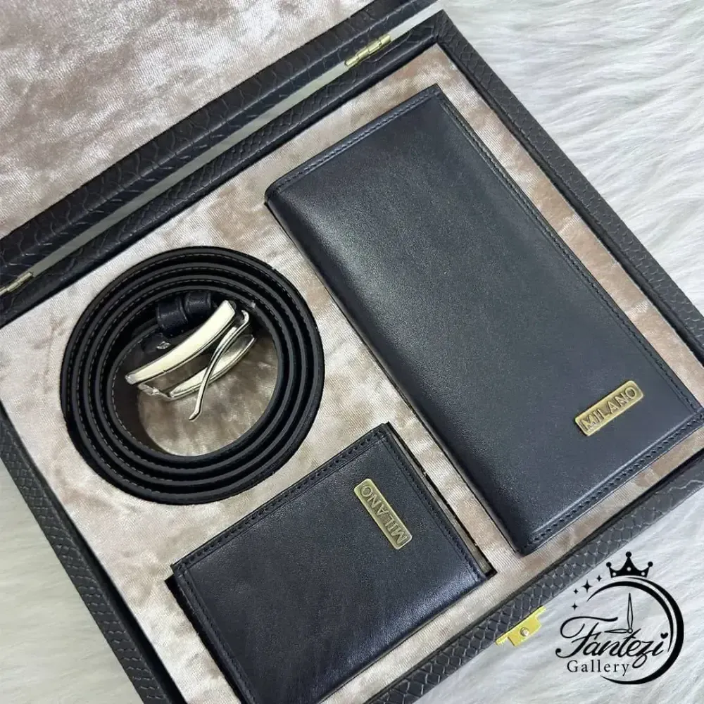 پک مردانه چرم شامل کمربند، جاکارتی و کیف پول در رنگ مشکی و عسلی، فری سایز، مناسب هدیه