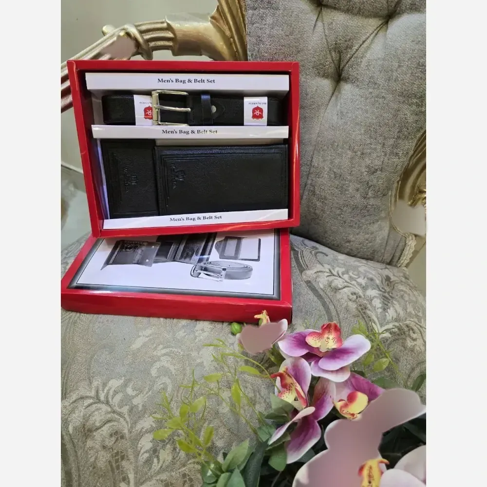 پک مردانه چرم شامل کمربند، جاکارتی و کیف پول در رنگ مشکی و عسلی، فری سایز، مناسب هدیه