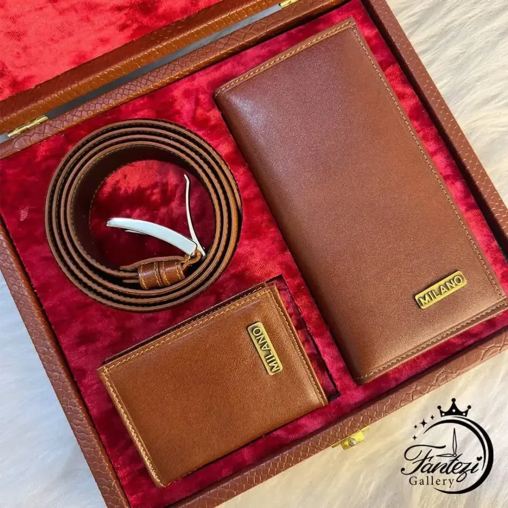 پک مردانه چرم شامل کمربند، جاکارتی و کیف پول در رنگ مشکی و عسلی، فری سایز، مناسب هدیه