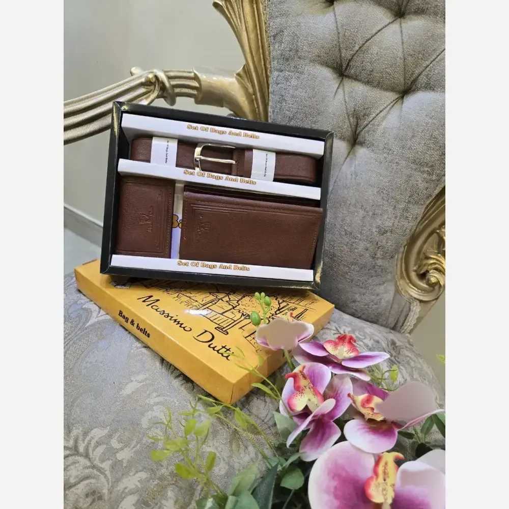 پک مردانه چرم شامل کمربند، جاکارتی و کیف پول در رنگ مشکی و عسلی، فری سایز، مناسب هدیه