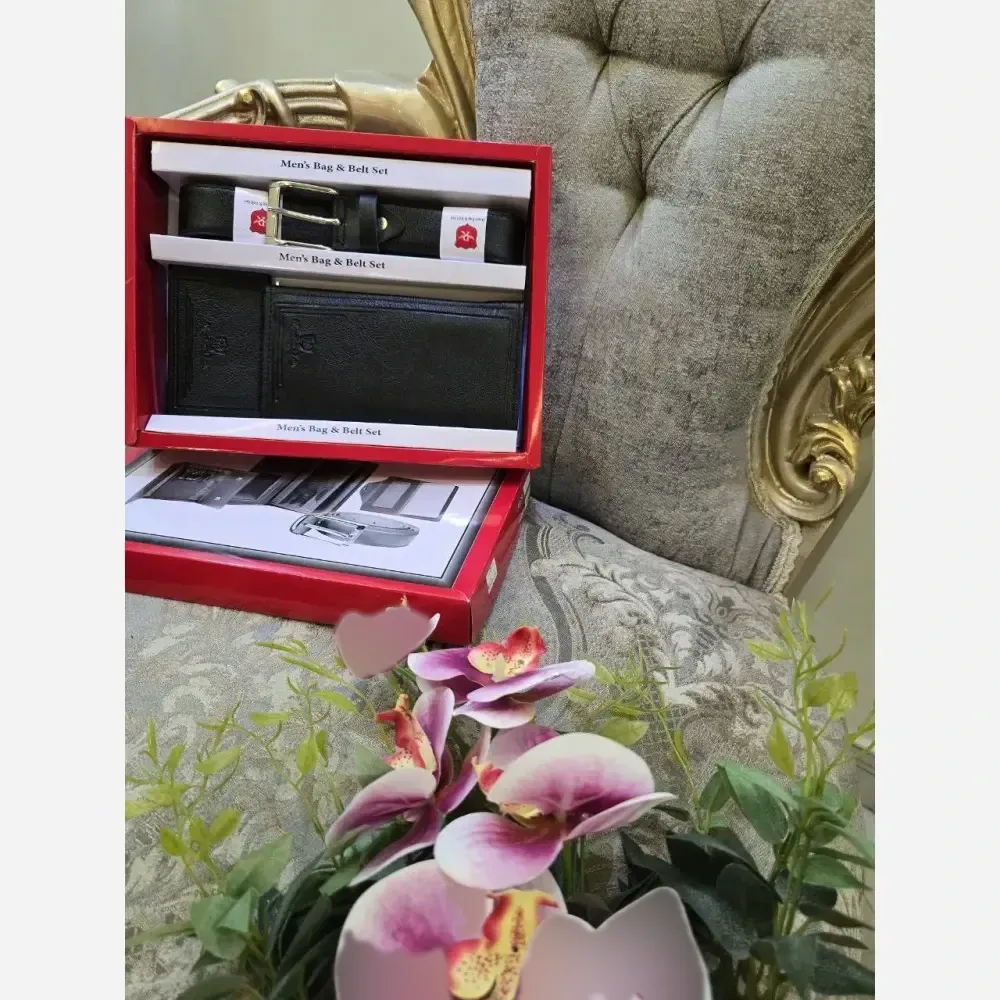 پک مردانه چرم شامل کمربند، جاکارتی و کیف پول در رنگ مشکی و عسلی، فری سایز، مناسب هدیه
