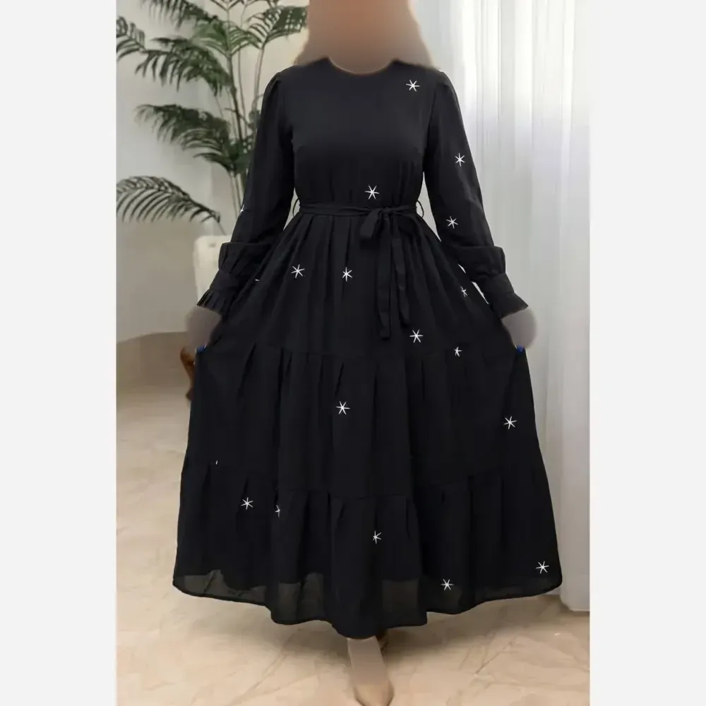 پیراهن مجلسی زنانه مدل ستاره جنس بوگاتی رنگ مشکی فری سایز