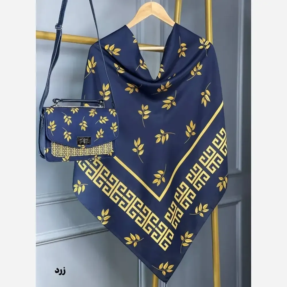 ست کیف و روسری طرح برگ جیوانچی مخمل و چرم صنعتی نخی منگوله دار قواره 130