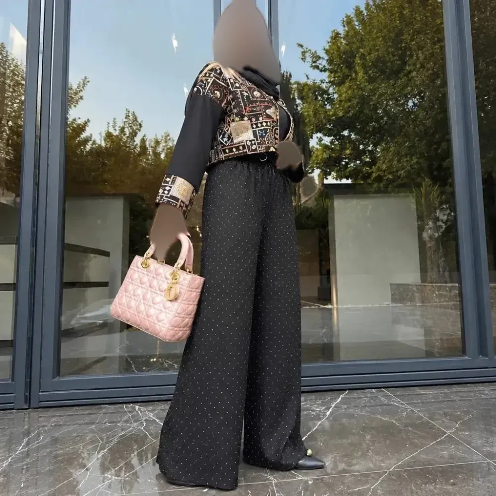 شلوار فول نگین زنانه جنس شانتون درجه یک رنگ مشکی فری سایز قد 100