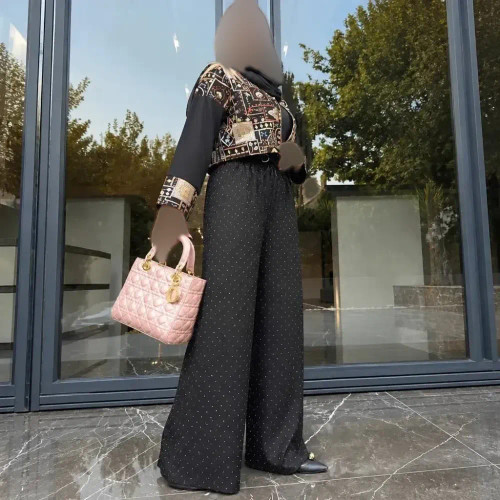 شلوار فول نگین زنانه جنس شانتون درجه یک رنگ مشکی فری سایز قد 100