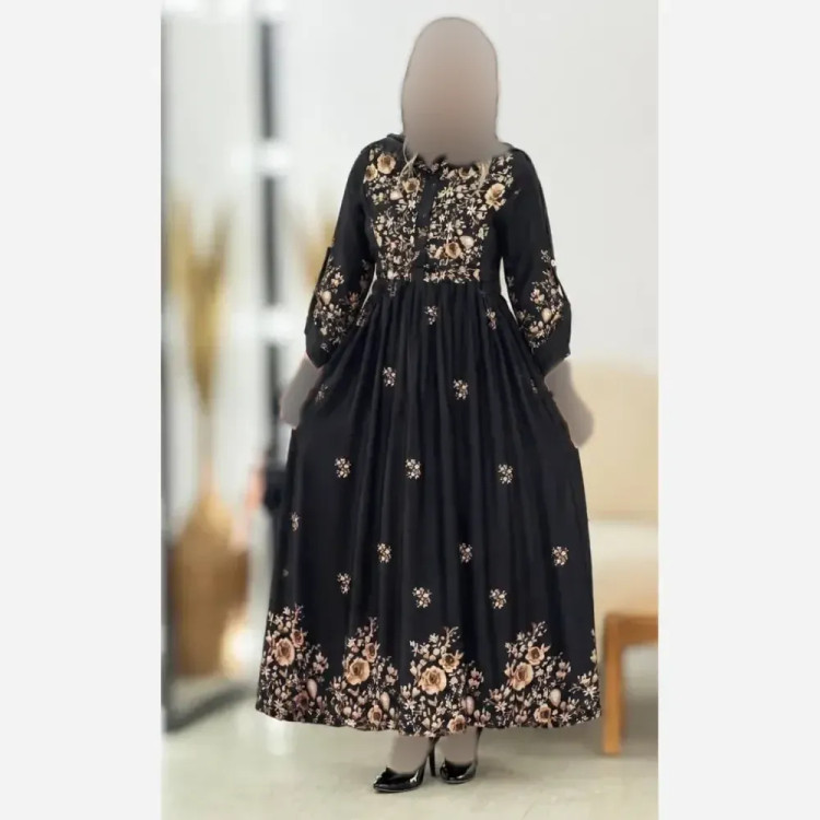 پیراهن زنبق جنس بوگاتی درجه یک فری سایز 38 تا 46 گل طلایی و گل صورتی