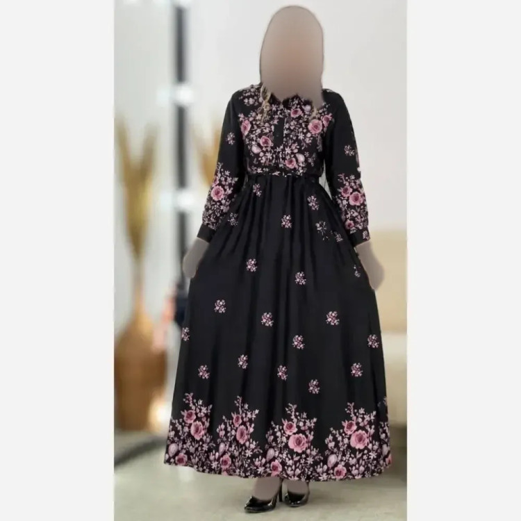 پیراهن زنبق جنس بوگاتی درجه یک فری سایز 38 تا 46 گل طلایی و گل صورتی