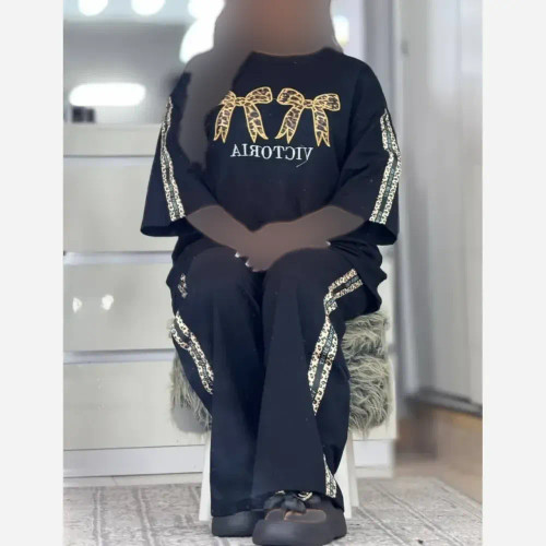 ست تیشرت و شلوار پنبه گلکسی مشکی طرح پاپیون پلنگی فری سایز
