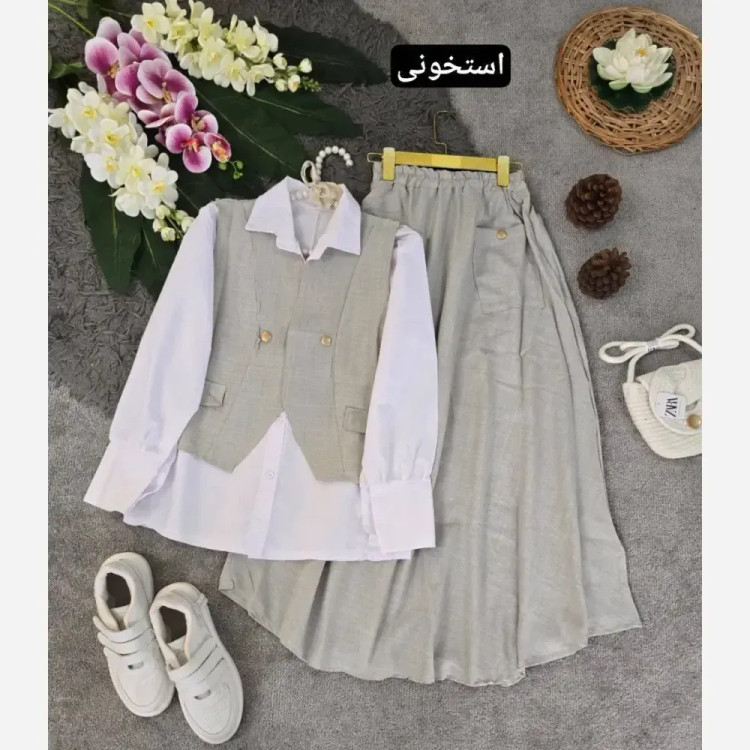 ست سه تیکه شومیز جلیقه و دامن مدل ژینا جنس شانتون