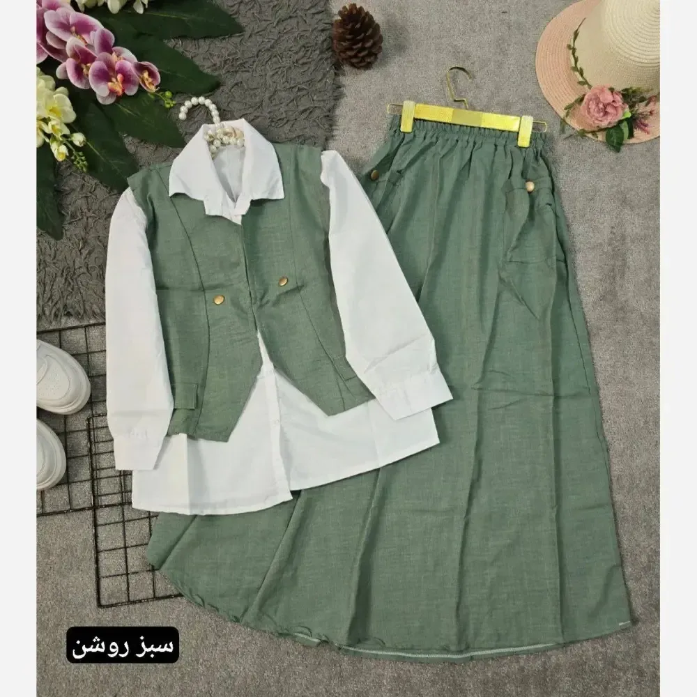 ست سه تیکه شومیز جلیقه و دامن مدل ژینا جنس شانتون