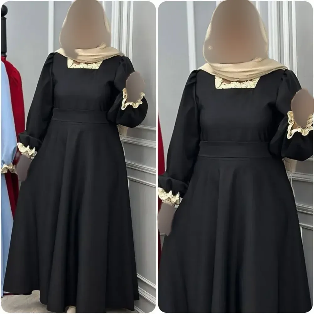 پیراهن زنانه یقه گیپور شهرزاد جنس الیزه رنگ مشکی سایز فری 38 تا 46 با کمربند