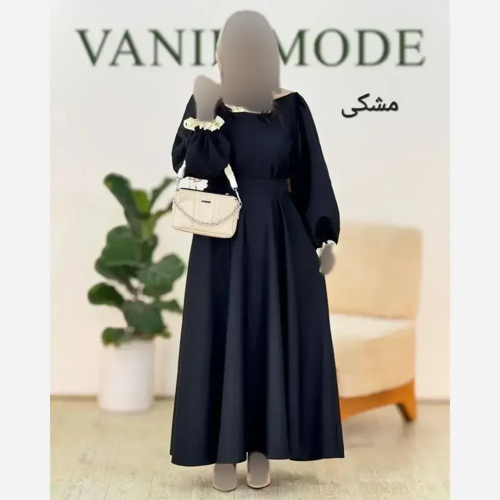 پیراهن زنانه یقه گیپور شهرزاد جنس الیزه رنگ مشکی سایز فری 38 تا 46 با کمربند