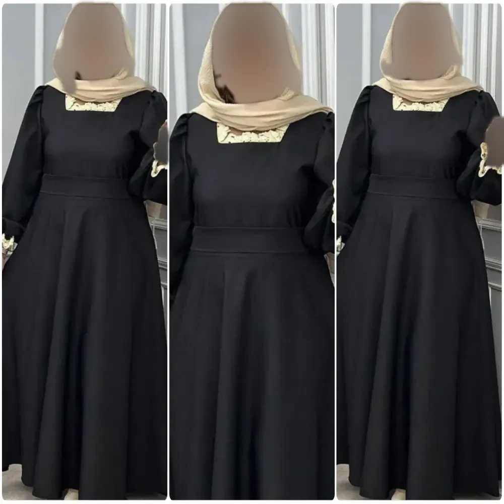 پیراهن زنانه یقه گیپور شهرزاد جنس الیزه رنگ مشکی سایز فری 38 تا 46 با کمربند