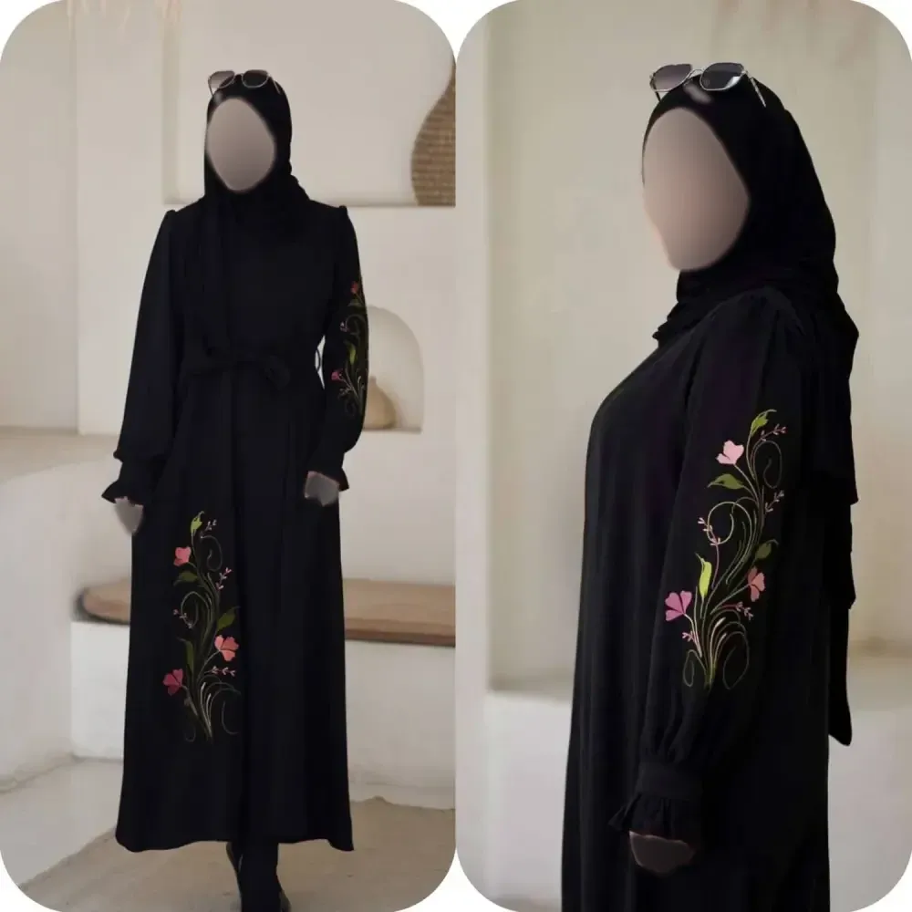 پیراهن عبایی ارکیده گلدوزی شده جنس الیزه رنگ مشکی فری سایز