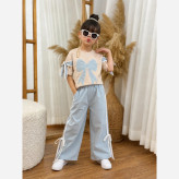 ست تیشرت و شلوارک دخترانه پنبه لاکرادار با تیکه دوزی مروارید پاپیون سایز 45 تا 65